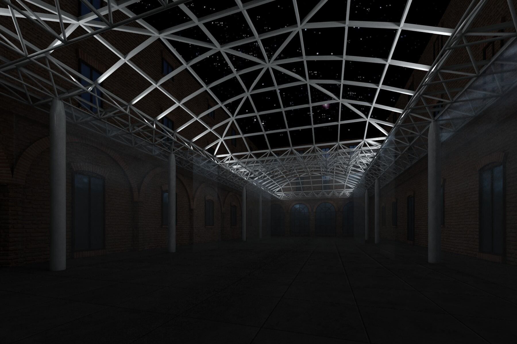 Steel space-frame roof over the inner courtyard of the historic Castelvecchio building in Carpi.