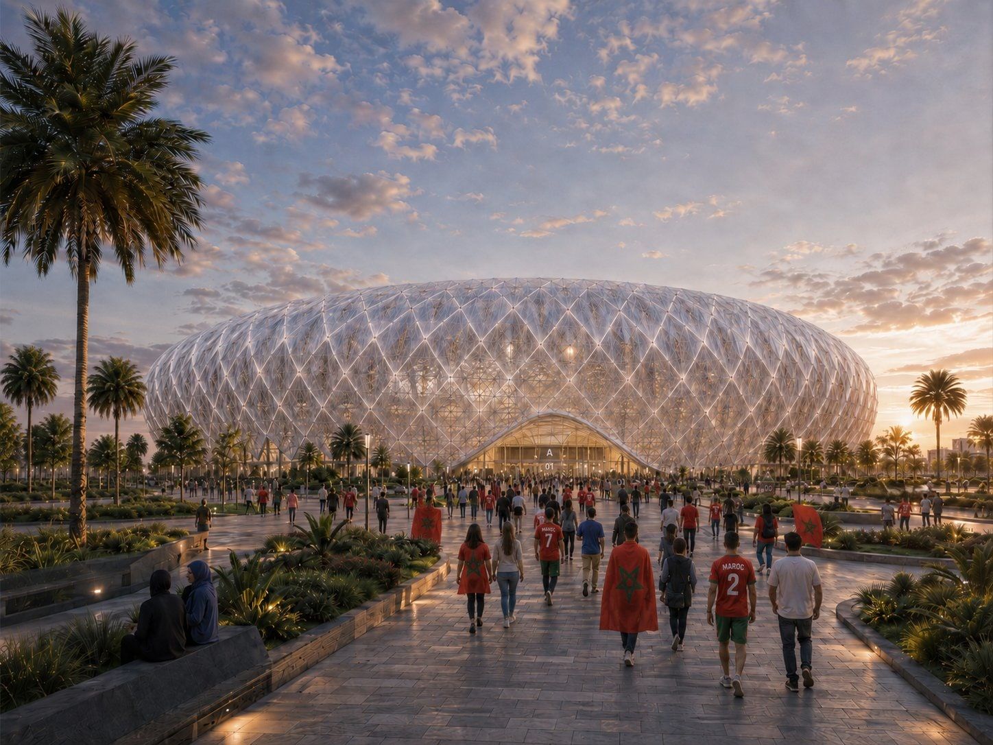 Competition render of the proposed Stade Roches Noires in Casablanca, wrapped in a woven facade skin.